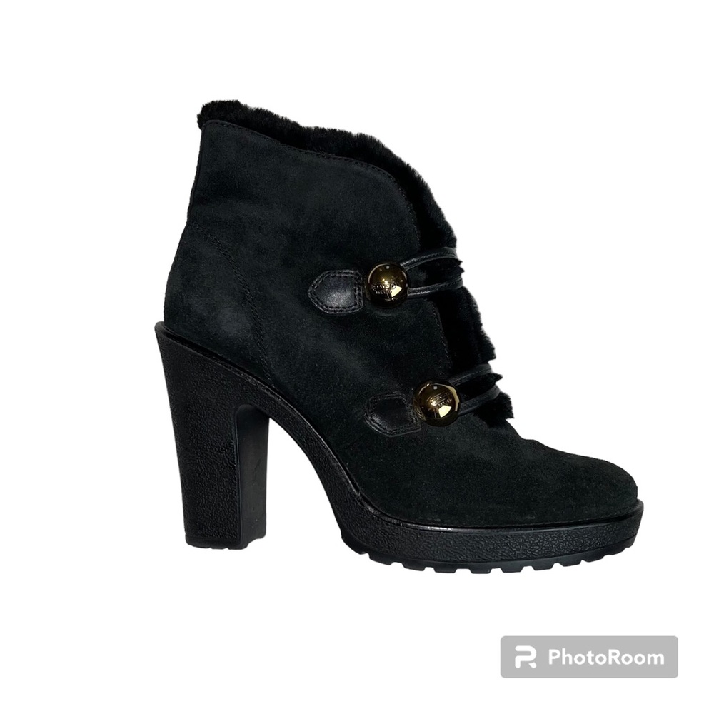 COACH Lenora Black Suede Shearling Heeled Ankle Boots Lug Sole 7 1/2